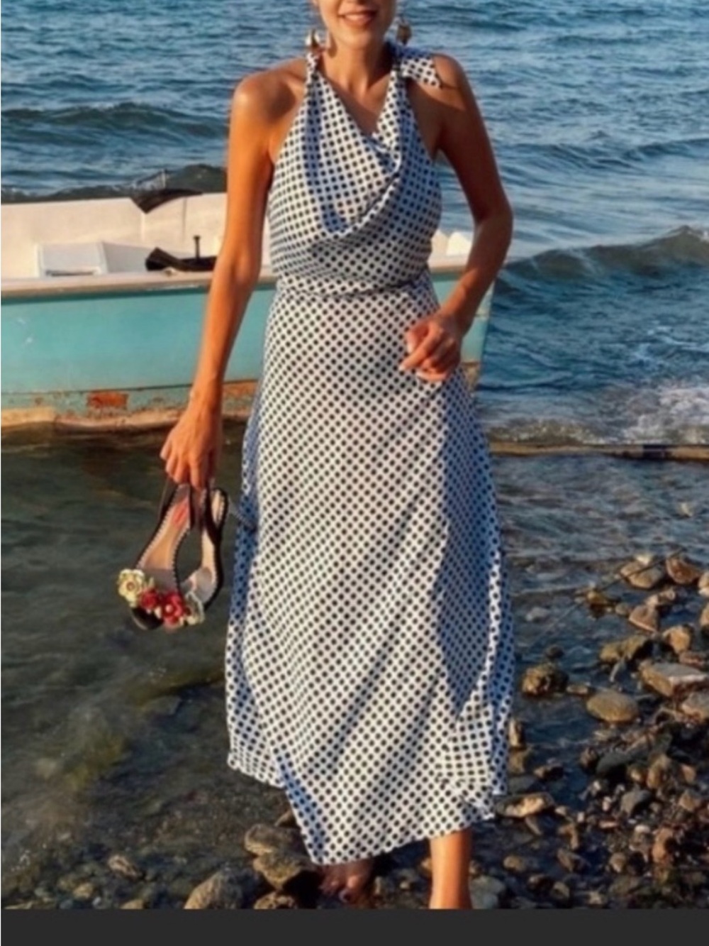 Zara Blue and White Polka Dot Halter Midi Dress Size M